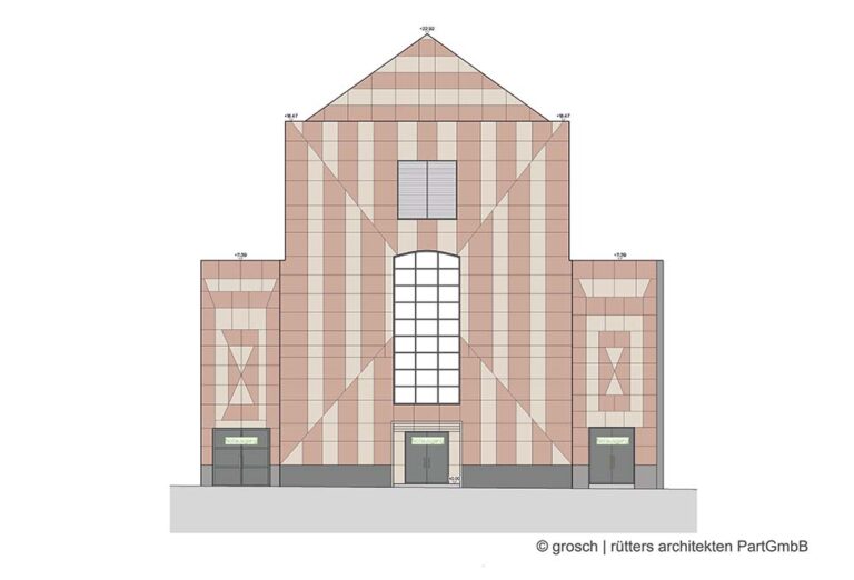 Visualisierung der Frontalansicht auf die Caritaskirche in Mönchengladbach.