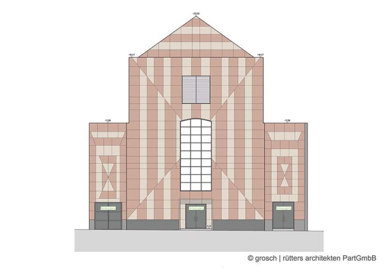 Visualisierung der Frontalansicht auf die Caritaskirche in Mönchengladbach.