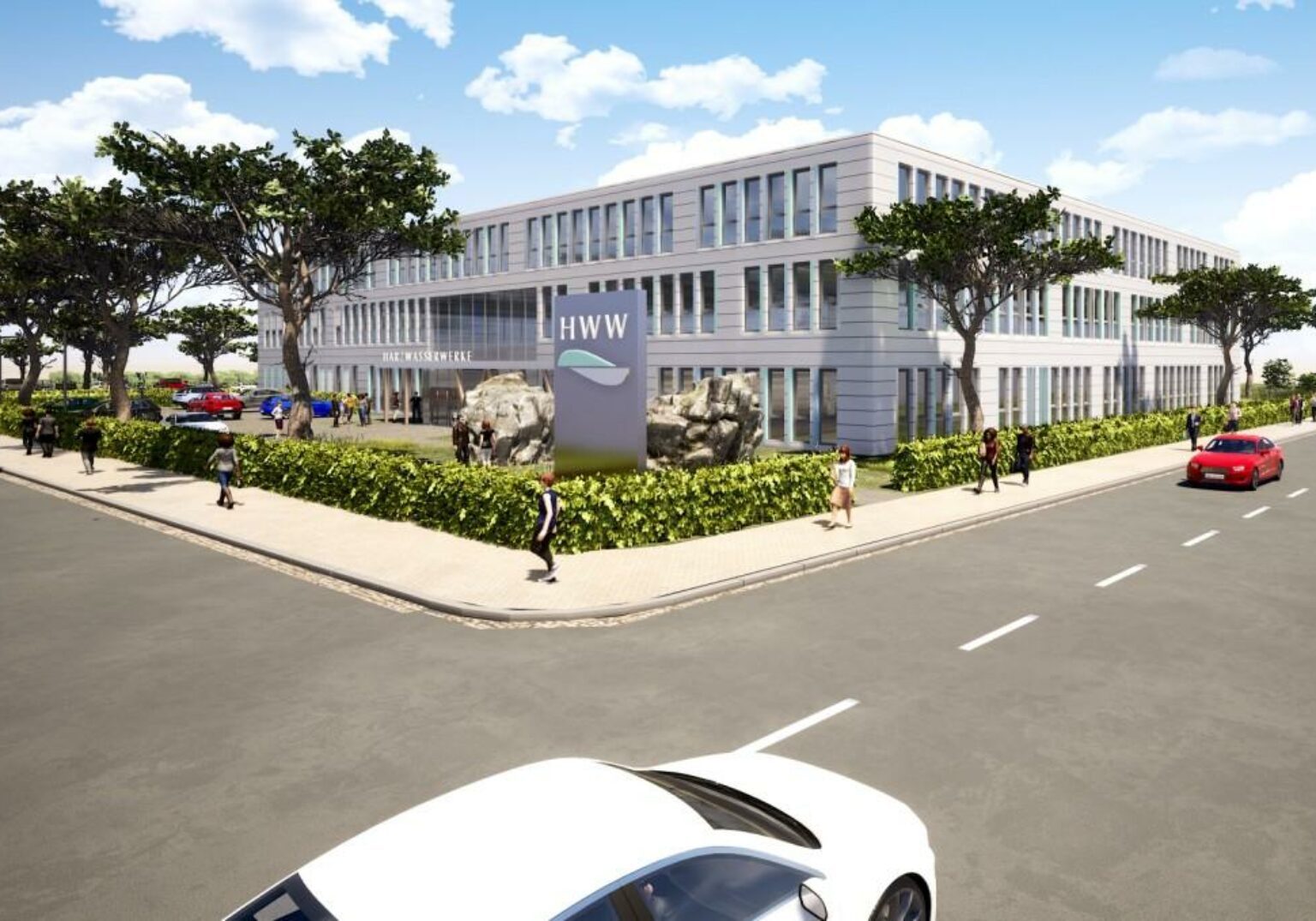 Moderne Bürogebäudefront mit HWW-Logo, umgeben von Bäumen und Fußgängern, bei sonnigem Wetter.