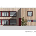 Moderne Architektur des Gebäudes mit Holzfassade und großen Fenstern, gestaltet von pbs Architekten.