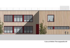Moderne Architektur des Gebäudes mit Holzfassade und großen Fenstern, gestaltet von pbs Architekten.