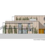Moderner Holzbau mit grünen Pflanzen, Ostansicht mit Flachdach und großen Fenstern, minimalistisches Design.