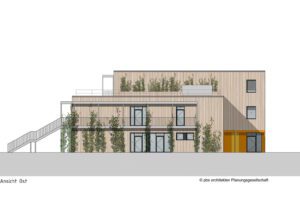 Moderner Holzbau mit grünen Pflanzen, Ostansicht mit Flachdach und großen Fenstern, minimalistisches Design.