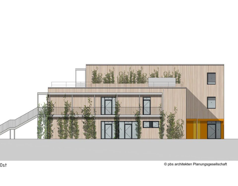 Moderner Holzbau mit grünen Pflanzen, Ostansicht mit Flachdach und großen Fenstern, minimalistisches Design.