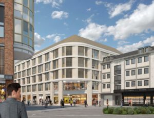 Moderne Stadtarchitektur mit Geschäftsgebäuden, Passanten und strahlend blauem Himmel im Hintergrund.