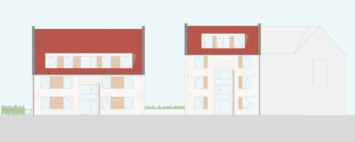 Illustration von Gebäuden mit roten Dächern und modernen Fenstern auf einem grauen Hintergrund.