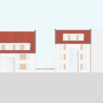 Illustration von Gebäuden mit roten Dächern und modernen Fenstern auf einem grauen Hintergrund.