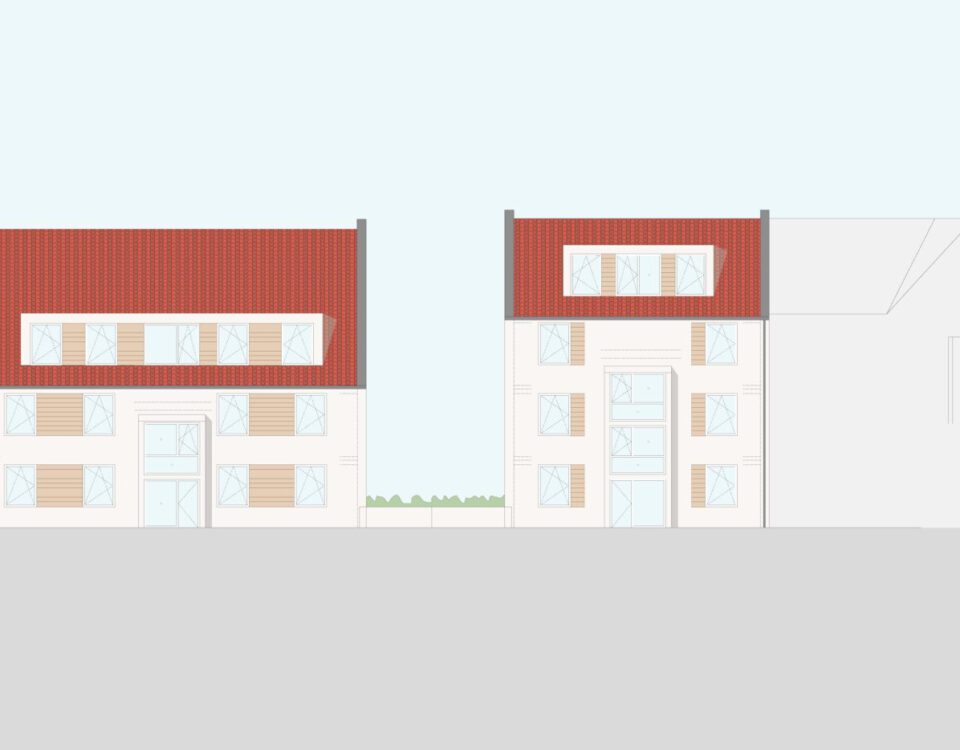 Illustration von Gebäuden mit roten Dächern und modernen Fenstern auf einem grauen Hintergrund.