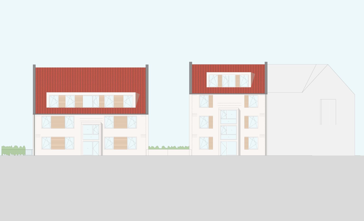 Illustration von Gebäuden mit roten Dächern und modernen Fenstern auf einem grauen Hintergrund.