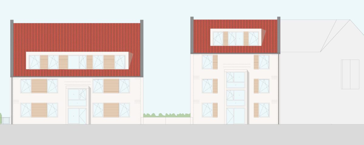 Zweistöckige Häuser mit roten Dächern und weißen Fassaden, architektonische Zeichnung.