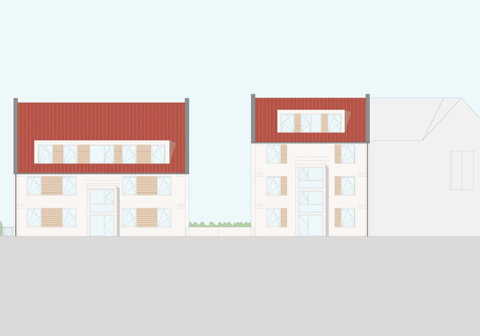 Zweistöckige Häuser mit roten Dächern und weißen Fassaden, architektonische Zeichnung.