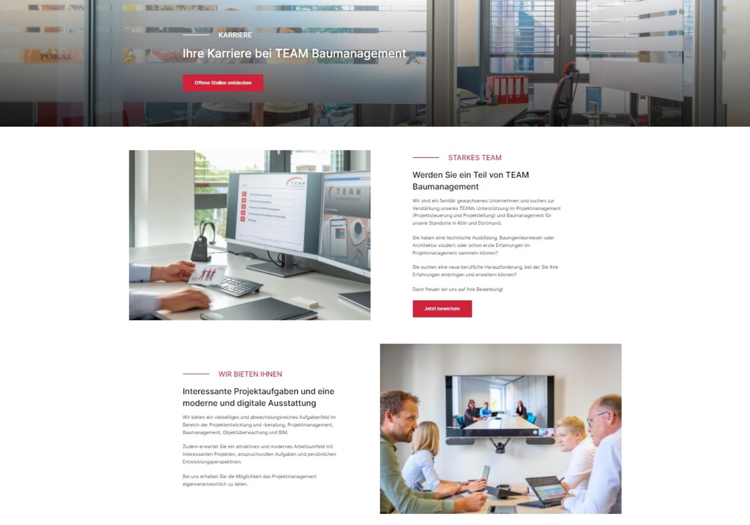 220411_HomepageneuKarriere-1536x1075.2-c-default Karriereseite zeigt TEAM Baumanagement, offene Stellen und moderne Büroumgebung mit digitalen Lösungen. Jetzt bewerben!