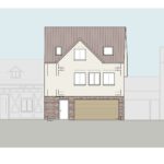 Moderne Hausfassade mit Satteldach und Klinkersteinsockel von Kraus Architekten.