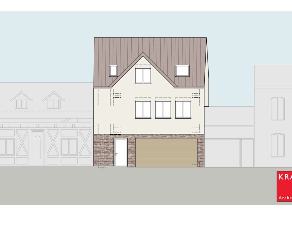 Moderne Hausfassade mit Satteldach und Klinkersteinsockel von Kraus Architekten.