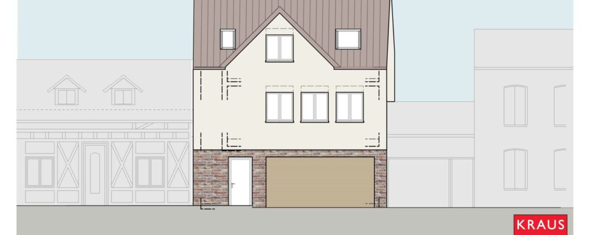 Architektonische Skizze eines Einfamilienhauses mit Giebeldach und moderner Fassade von Kraus Architekten.