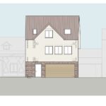 Architektonische Skizze eines Einfamilienhauses mit Giebeldach und moderner Fassade von Kraus Architekten.