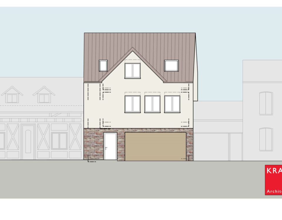 Architektonische Skizze eines Einfamilienhauses mit Giebeldach und moderner Fassade von Kraus Architekten.