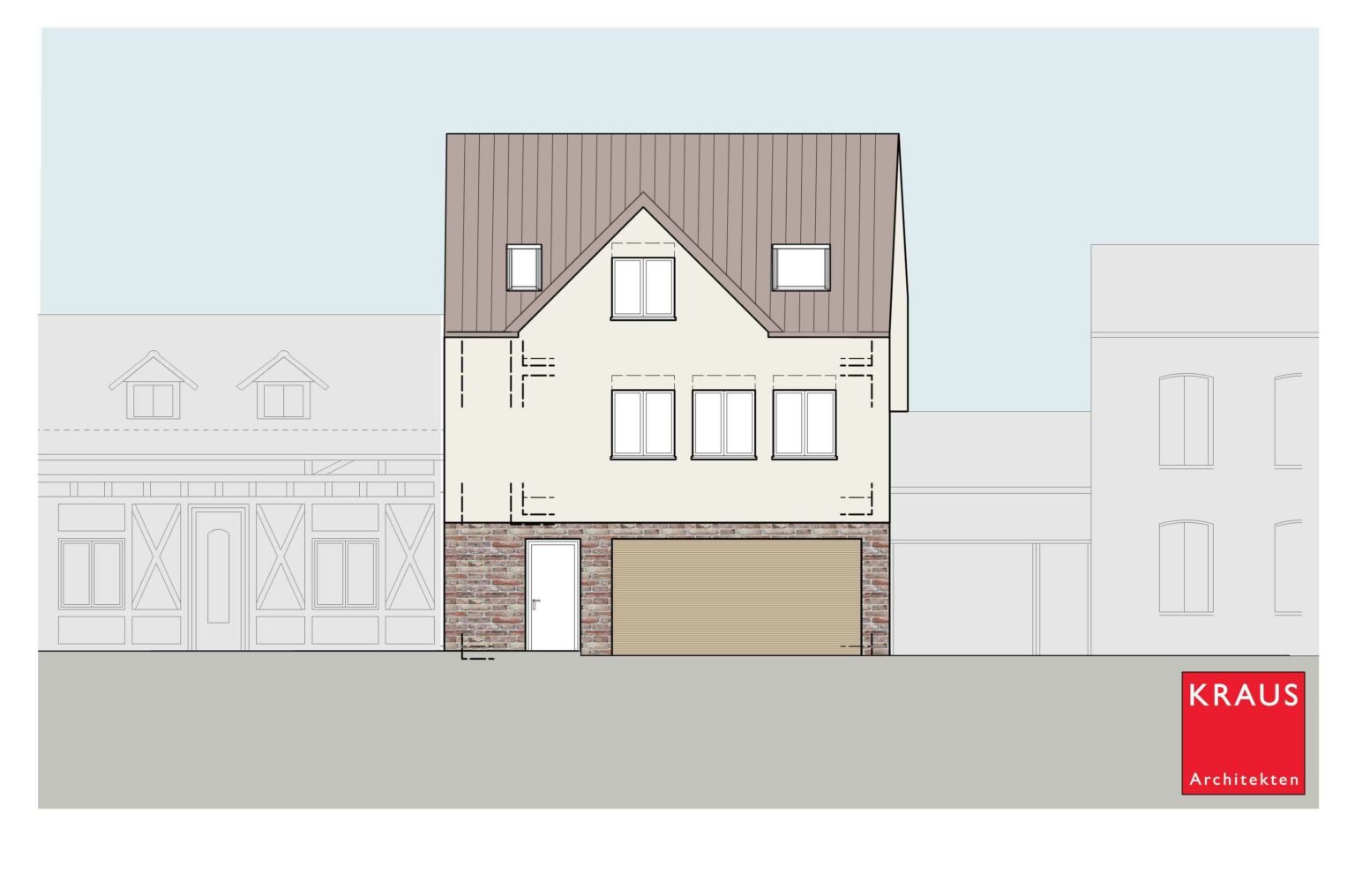 Architektonische Skizze eines Einfamilienhauses mit Giebeldach und moderner Fassade von Kraus Architekten.