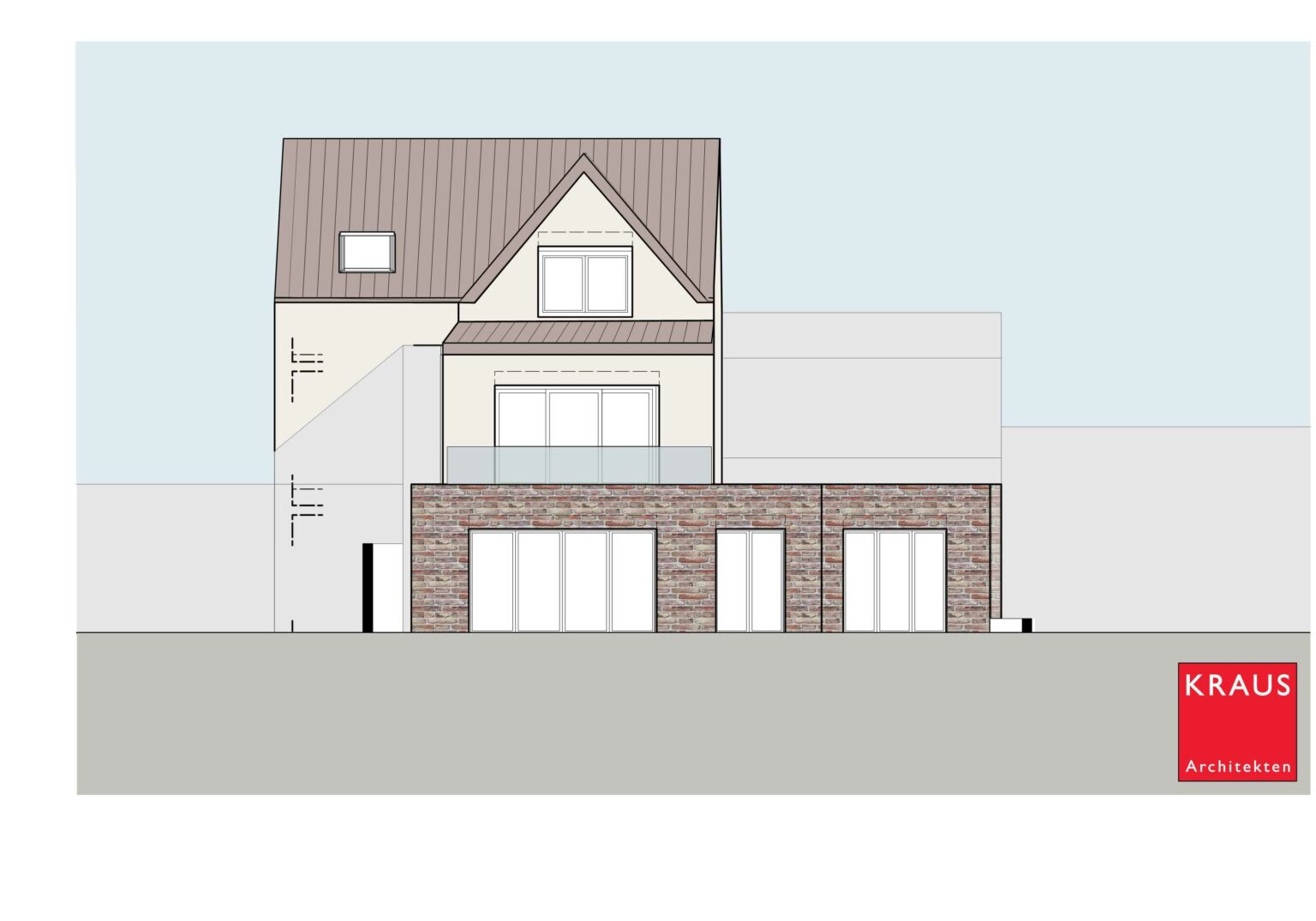 Architektonischer Entwurf eines modernen Hauses mit Ziegel-Elementen von Kraus Architekten.