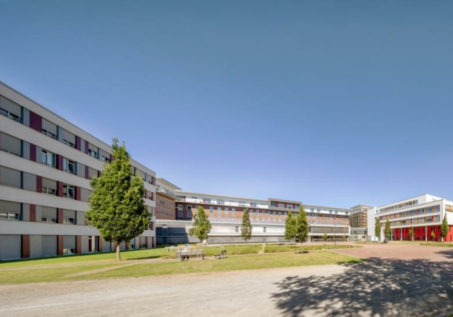 Modernes Schulgebäude mit grünem Campus und blauem Himmel, Architektur und Landschaftsgestaltung im Einklang.