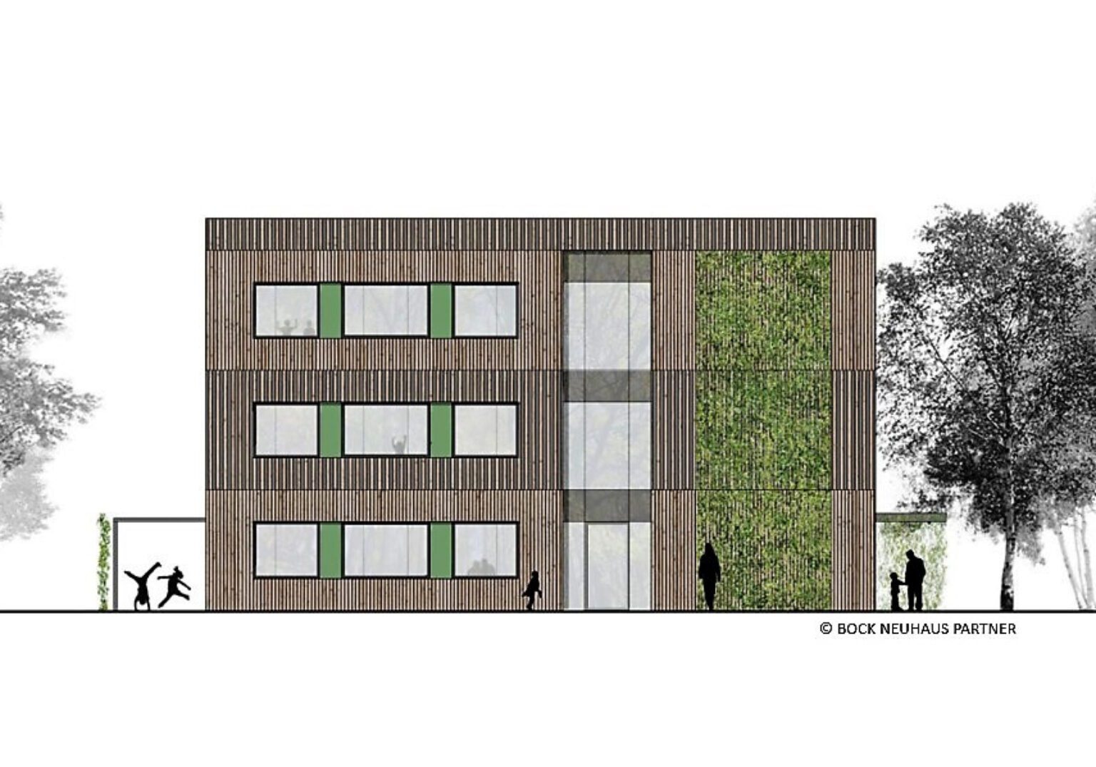 Ansicht-Ost_Textteil3_super-1536x1075.2-c-default Moderner Gebäudekomplex mit Holzfassade und vertikaler Begrünung, umgeben von Bäumen.