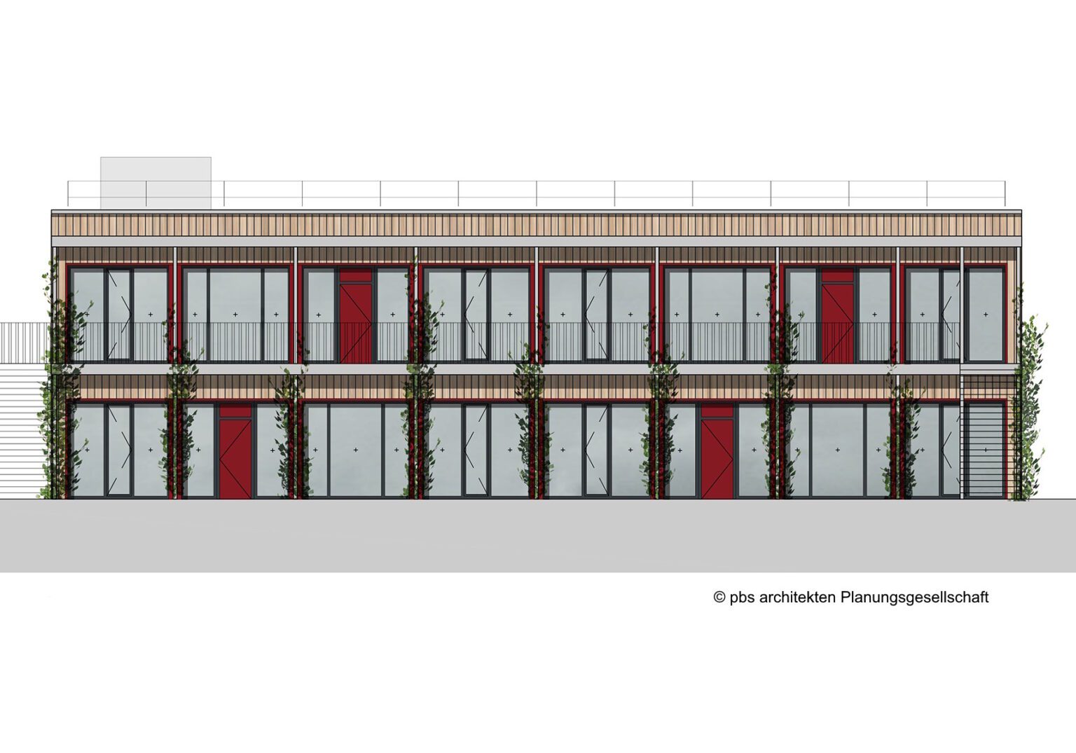 Moderne zweistöckige Wohngebäude-Architektur mit großen Fenstern und vertikalen Pflanzenakzenten.
