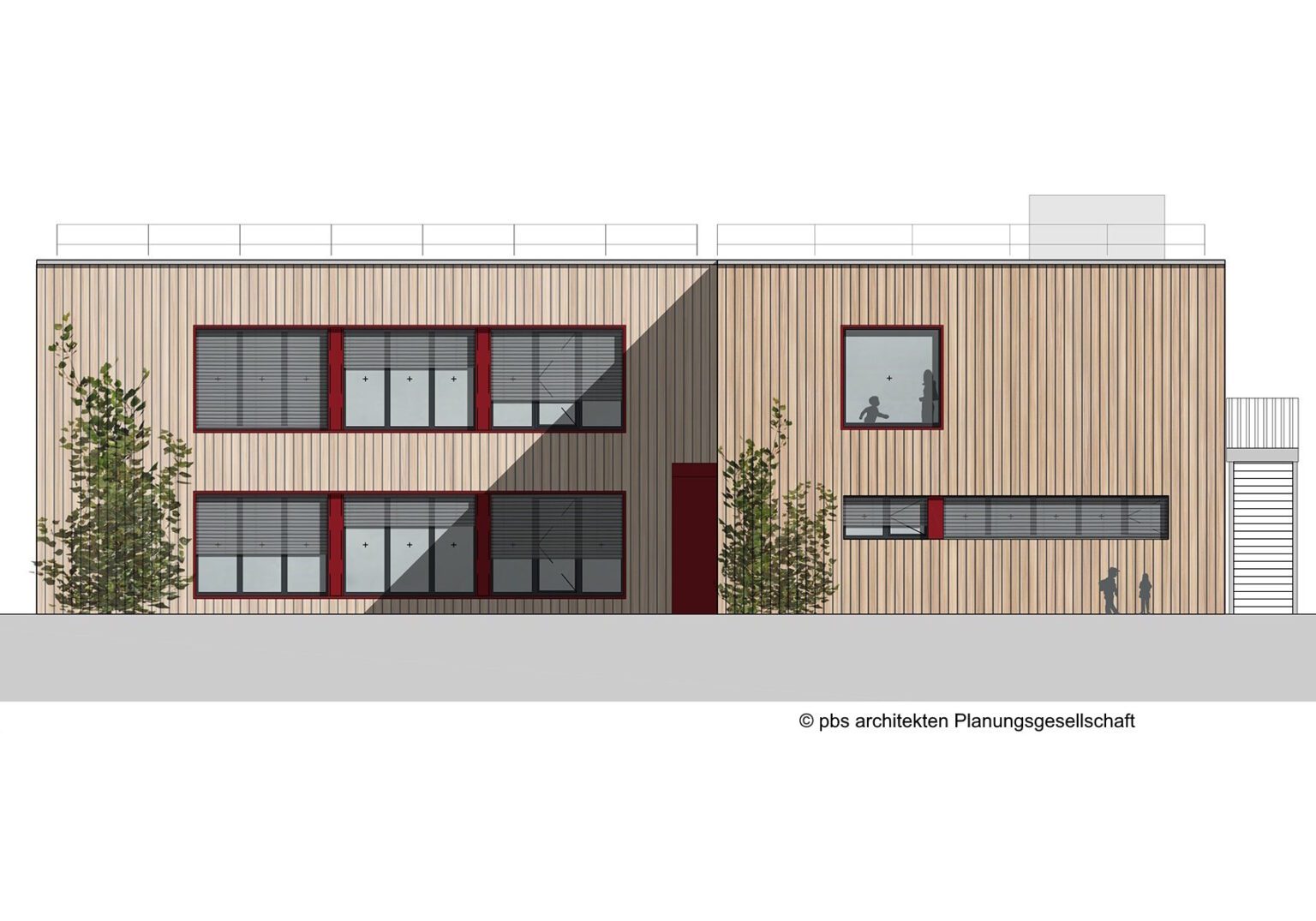 Moderne Fassadenansicht eines zweistöckigen Gebäudes mit Holzpanelen und roten Akzenten, entworfen von Architekten.