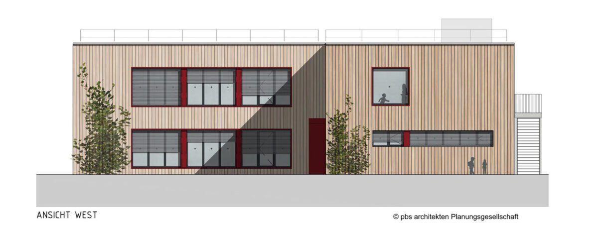 Moderne Gebäudeansicht mit Holzfassade und großen Fenstern, Westansicht. Architektonisches Design von pbs Architekten.