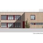 Moderne Gebäudeansicht mit Holzfassade und großen Fenstern, Westansicht. Architektonisches Design von pbs Architekten.