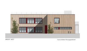 Moderne Gebäudeansicht mit Holzfassade und großen Fenstern, Westansicht. Architektonisches Design von pbs Architekten.