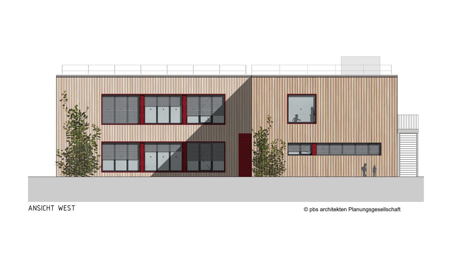 Moderne Gebäudeansicht mit Holzfassade und großen Fenstern, Westansicht. Architektonisches Design von pbs Architekten.