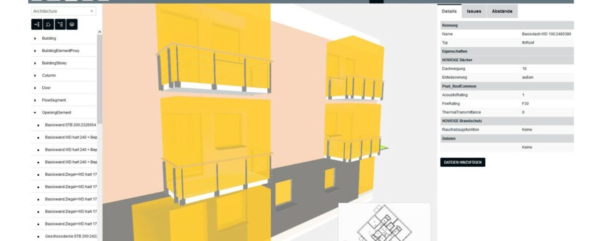 3D-Visualisierung von Gebäudeplanung mit BIM-Software, inklusive Details und Grundrissansicht.