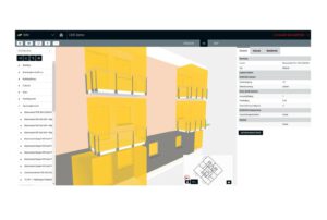 3D-Visualisierung von Gebäudeplanung mit BIM-Software, inklusive Details und Grundrissansicht.