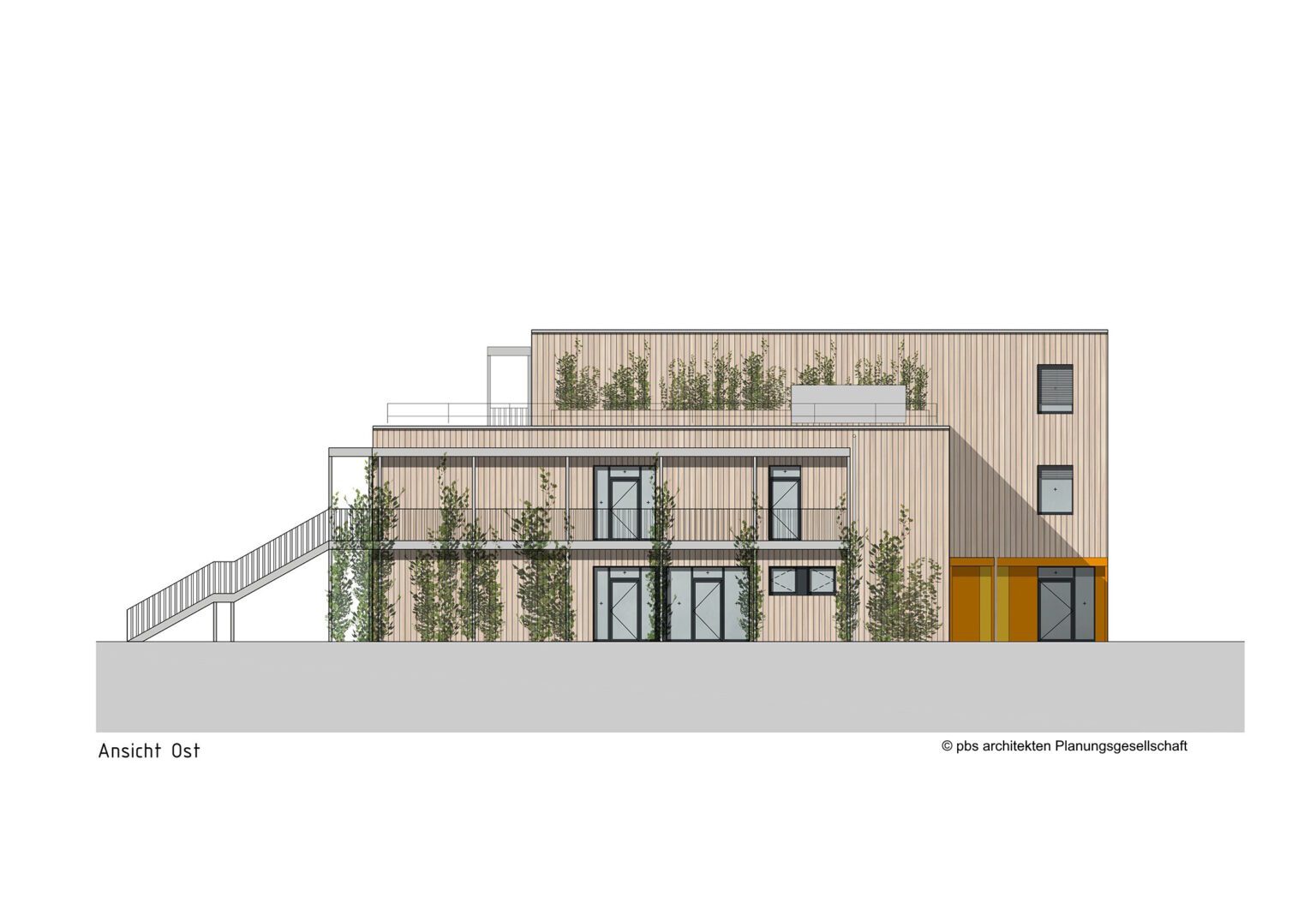 Moderne Gebäudefassade mit holzverkleideten Elementen und vertikalem Begrünungskonzept, Ansicht von Osten.