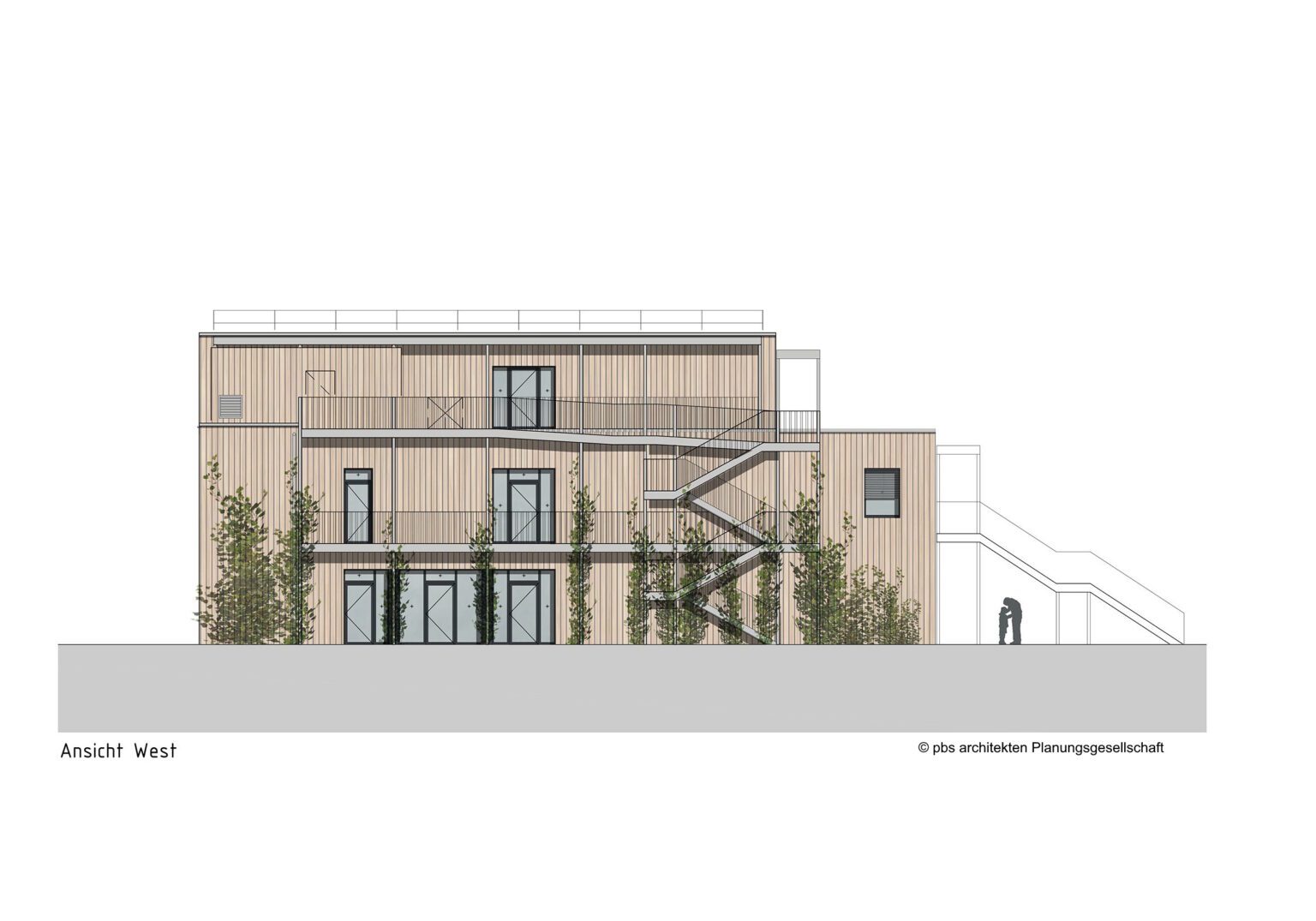 Moderne Westansicht eines Gebäudes mit Holzfassade, Außentreppen und vertikaler Begrünung.