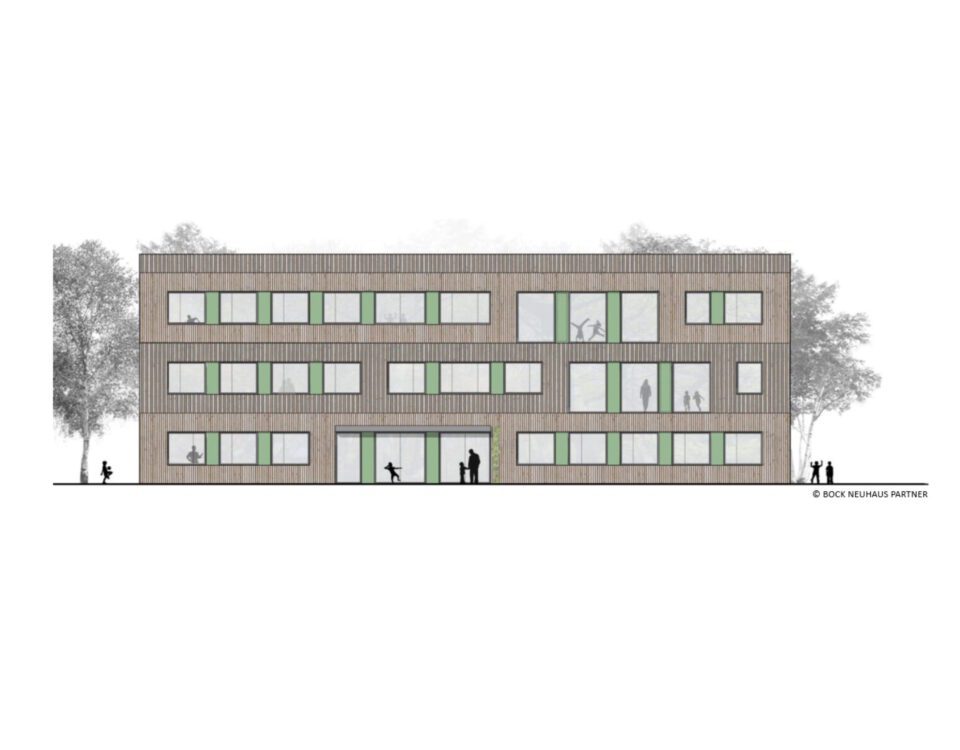 Moderner Entwurf eines mehrstöckigen Bürogebäudes mit Holzfassade und großen Fenstern, umgeben von Bäumen.