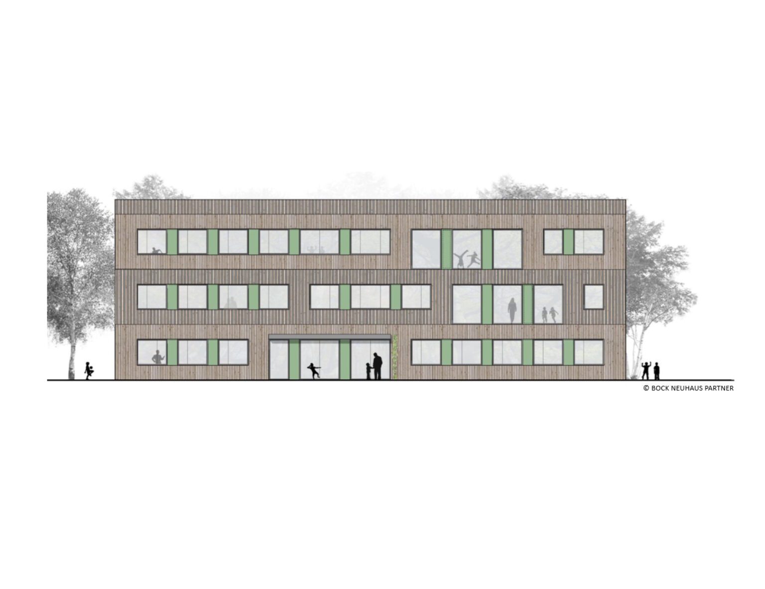 Moderner Entwurf eines mehrstöckigen Bürogebäudes mit Holzfassade und großen Fenstern, umgeben von Bäumen.