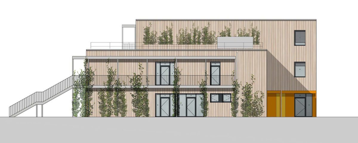 Moderne Gebäudedesign mit Holzverkleidung und grüner Fassade, Seitenansicht mit Treppe, erstellt von PBS Architekten.