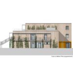 Moderne Gebäudedesign mit Holzverkleidung und grüner Fassade, Seitenansicht mit Treppe, erstellt von PBS Architekten.