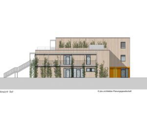 Moderne Gebäudedesign mit Holzverkleidung und grüner Fassade, Seitenansicht mit Treppe, erstellt von PBS Architekten.