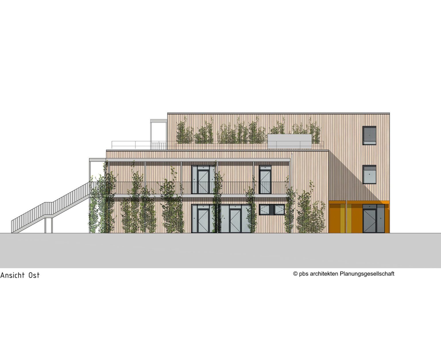 Moderne Gebäudedesign mit Holzverkleidung und grüner Fassade, Seitenansicht mit Treppe, erstellt von PBS Architekten.