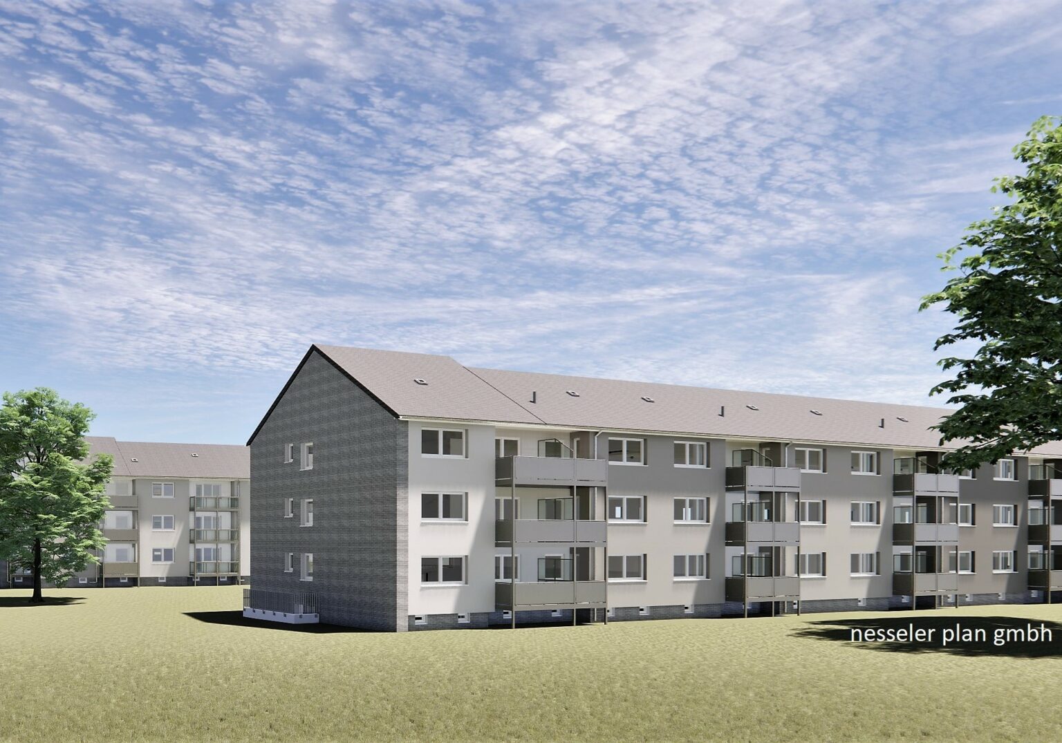 Moderne Wohnanlage mit drei Etagen, umgeben von grüner Landschaft und klarem Himmel, entworfen von nesseler plan gmbh.