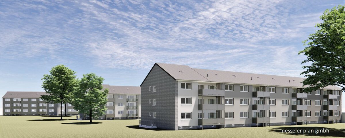 Moderne Wohnanlage mit grünem Park und blauem Himmel im Hintergrund.