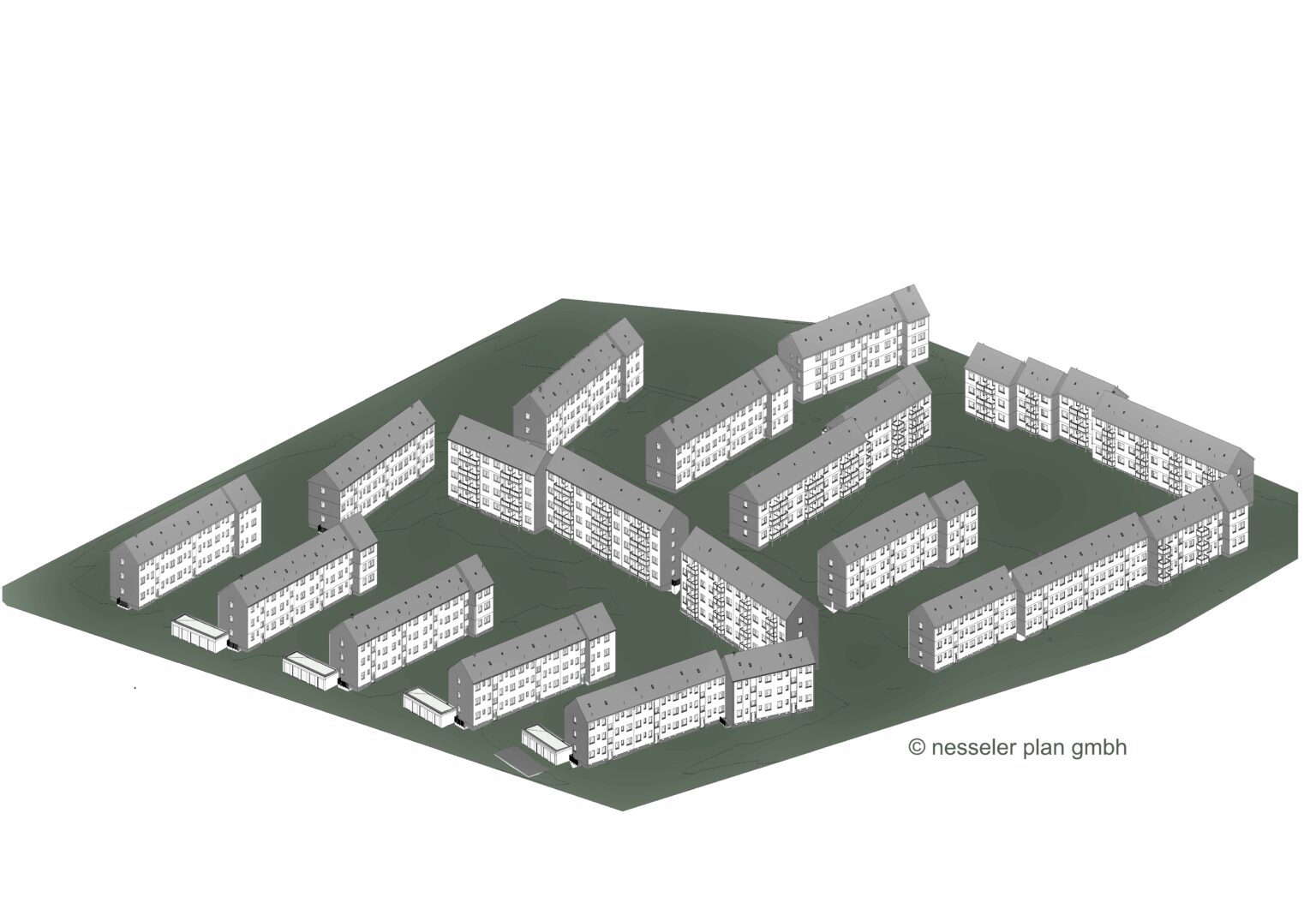 Architekturmodell einer Wohnsiedlung auf grünem Hintergrund, bestehend aus mehreren Gebäuden.