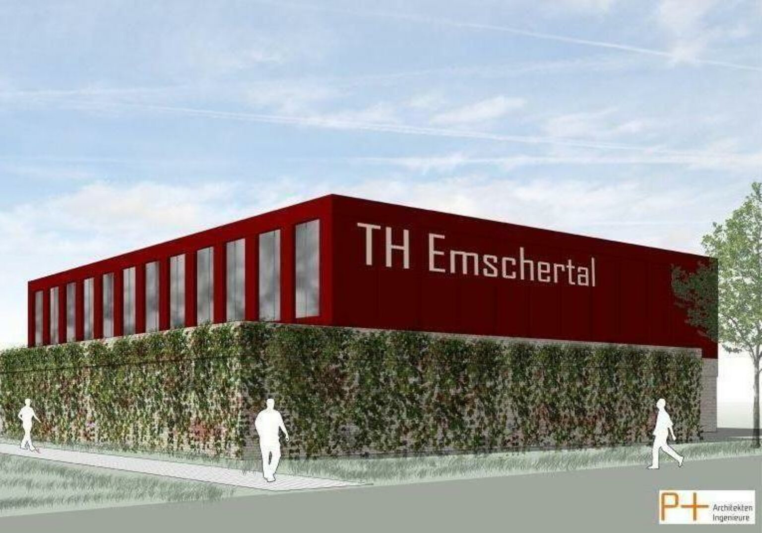 Moderne Architektur der TH Emschertal mit begrüntem Gebäude und stilvollem Design.