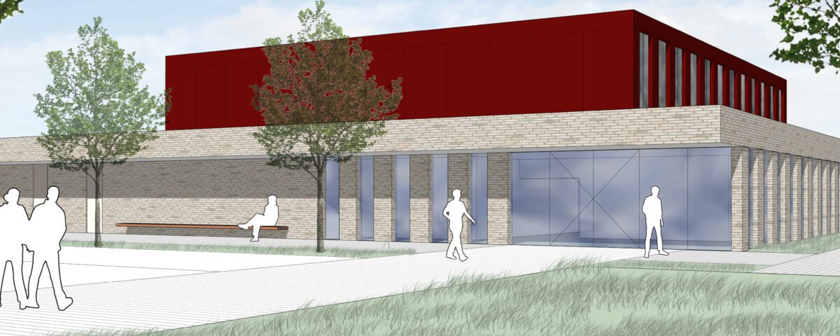 Moderner Gebäudekonzept-Entwurf mit rotem Obergeschoss, umgeben von Bäumen und Grünflächen.