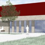 Moderner Gebäudekonzept-Entwurf mit rotem Obergeschoss, umgeben von Bäumen und Grünflächen.