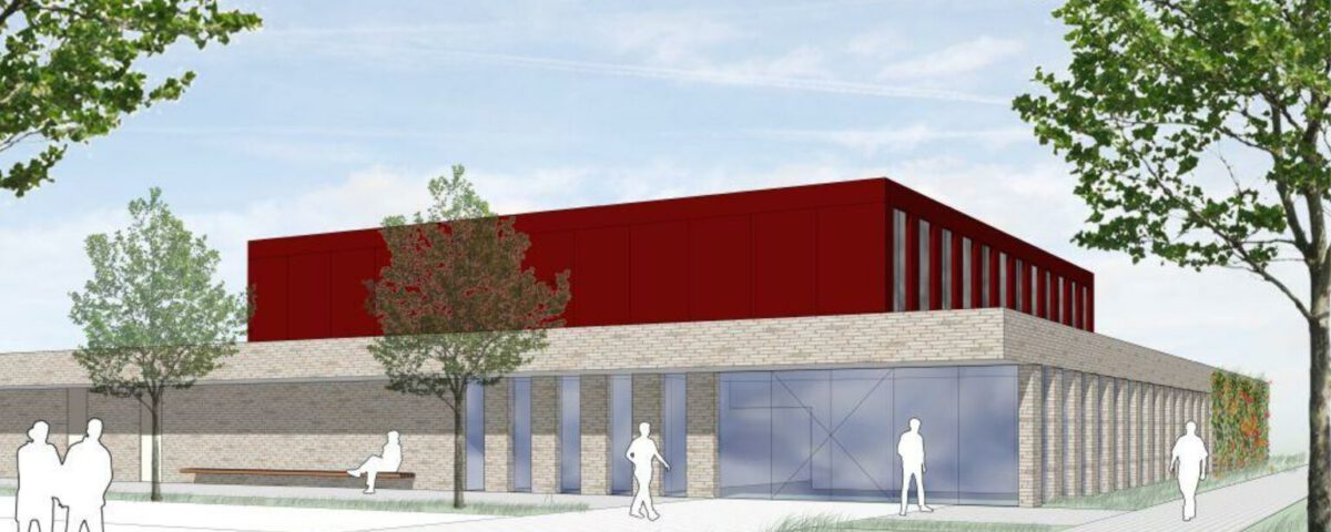 Moderne Architekturskizze eines Gebäudes mit rotem Obergeschoss und Glasfronten, umgeben von Bäumen und Menschen.