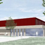 Moderne Architekturskizze eines Gebäudes mit rotem Obergeschoss und Glasfronten, umgeben von Bäumen und Menschen.