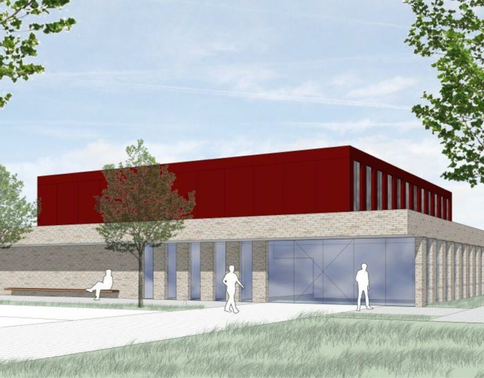 Moderne Architekturskizze eines Gebäudes mit rotem Obergeschoss und Glasfronten, umgeben von Bäumen und Menschen.